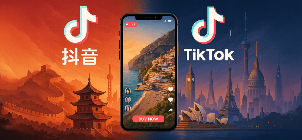 ภาพกราฟิกที่เปรียบเทียบ Douyin กับ TikTok โดยมีหน้าจอมือถือที่แสดงทิวทัศน์พร้อมปุ่ม 'ซื้อเลย' รายล้อมด้วยสถานที่สำคัญอันเป็นสัญลักษณ์จากจีนและประเทศอื่นๆ